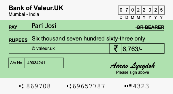 How to write a cheque for 6,763 rupees