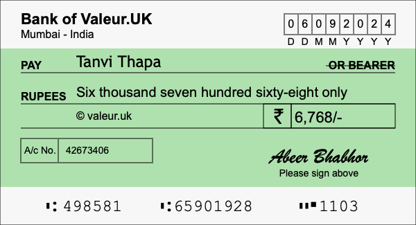 How to write a cheque for 6,768 rupees