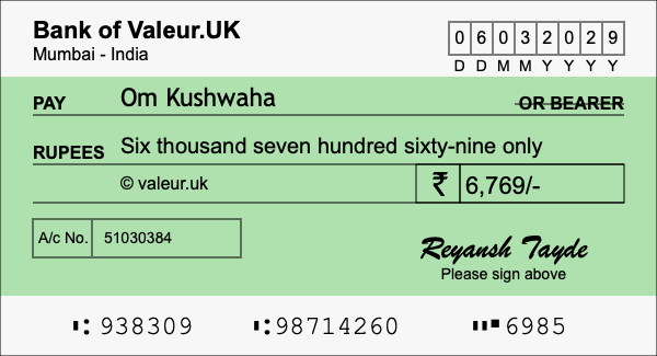 How to write a cheque for 6,769 rupees