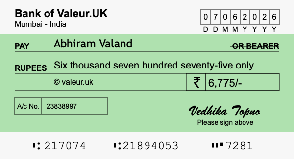 How to write a cheque for 6,775 rupees