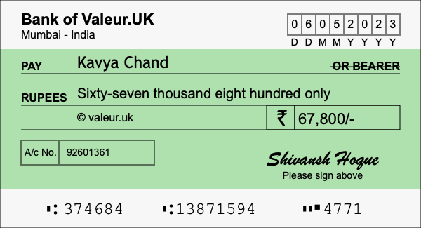 How to write a cheque for 67,800 rupees How to write a cheque for 67,800 rupees