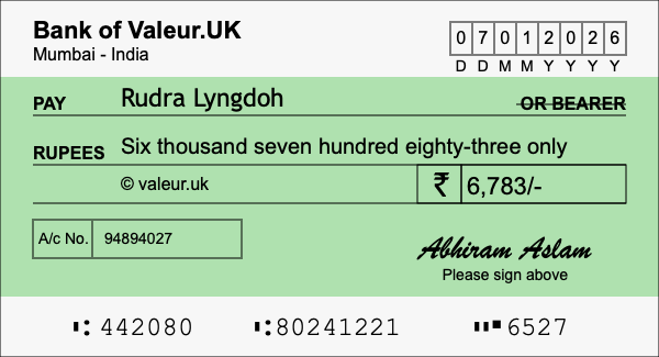 How to write a cheque for 6,783 rupees