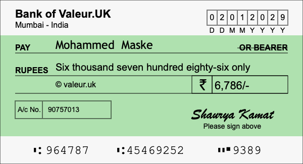 How to write a cheque for 6,786 rupees