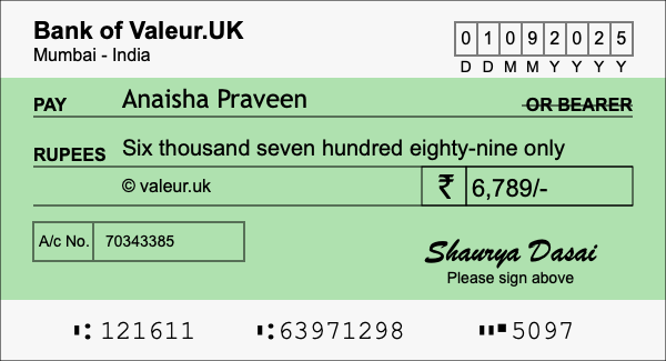 How to write a cheque for 6,789 rupees