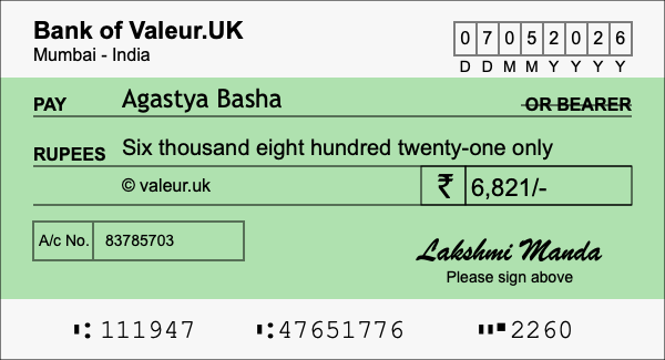 How to write a cheque for 6,821 rupees