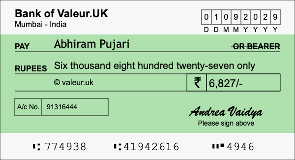 How to write a cheque for 6,827 rupees