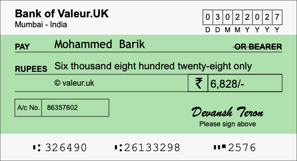 How to write a cheque for 6,828 rupees