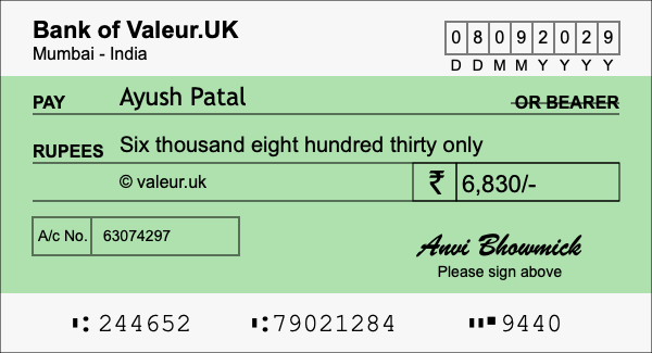 How to write a cheque for 6,830 rupees