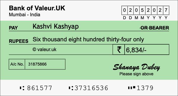 How to write a cheque for 6,834 rupees