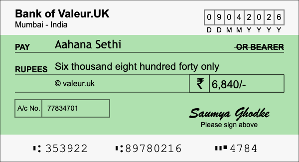 How to write a cheque for 6,840 rupees