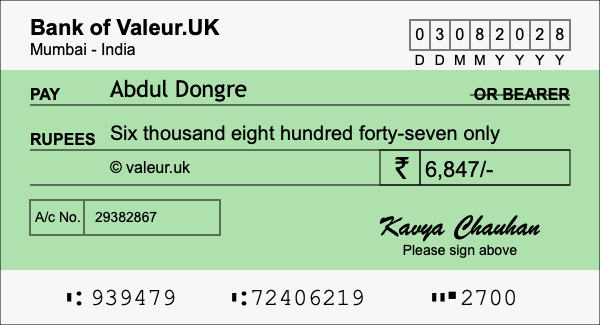 How to write a cheque for 6,847 rupees