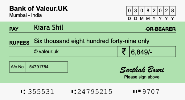 How to write a cheque for 6,849 rupees