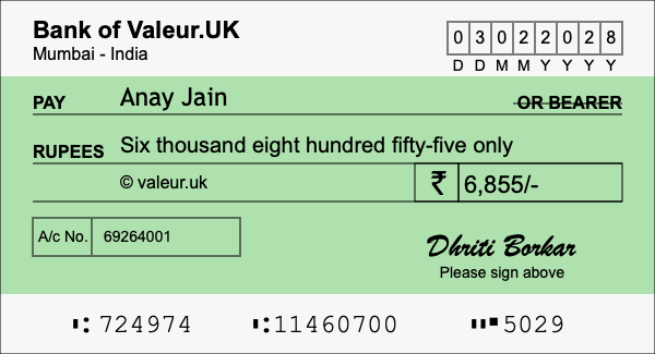 How to write a cheque for 6,855 rupees