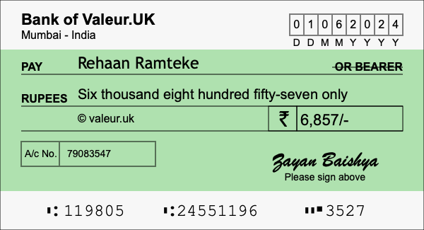 How to write a cheque for 6,857 rupees