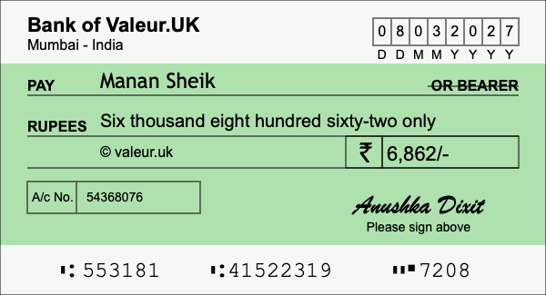 How to write a cheque for 6,862 rupees