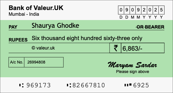 How to write a cheque for 6,863 rupees