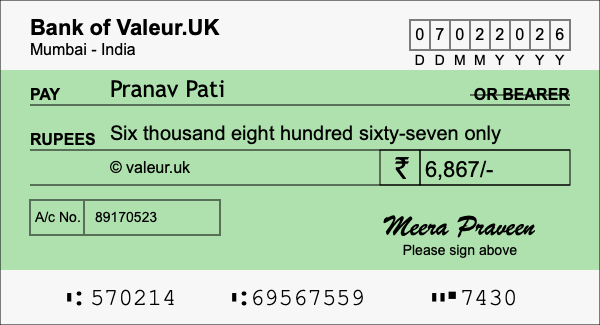 How to write a cheque for 6,867 rupees