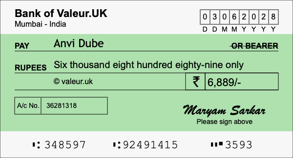 How to write a cheque for 6,889 rupees