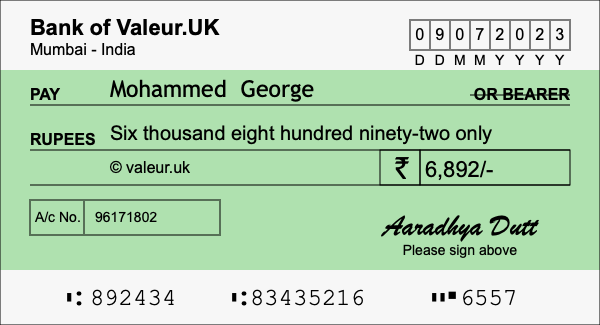 How to write a cheque for 6,892 rupees
