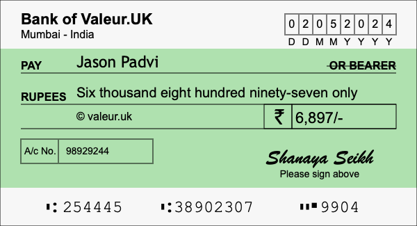 How to write a cheque for 6,897 rupees