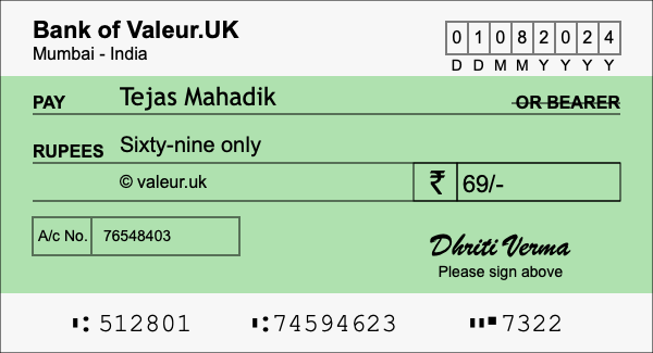 How to write a cheque for 69 rupees