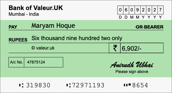 How to write a cheque for 6,902 rupees