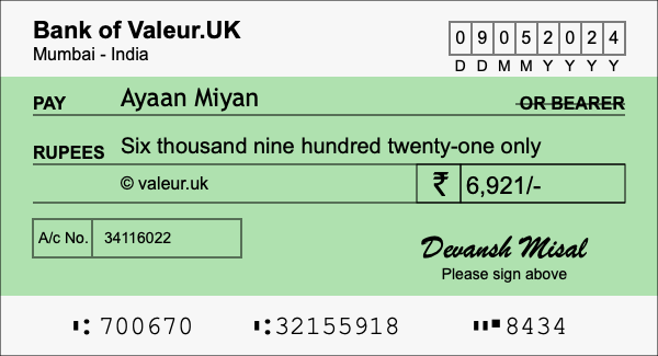 How to write a cheque for 6,921 rupees