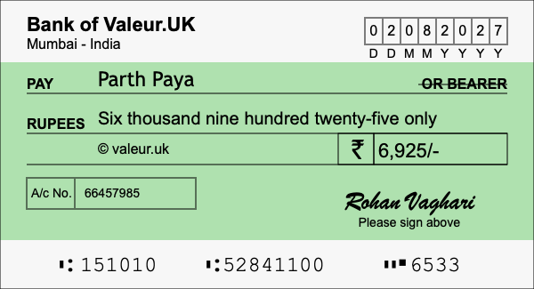 How to write a cheque for 6,925 rupees