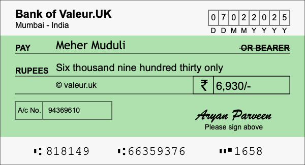 How to write a cheque for 6,930 rupees