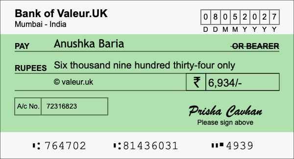 How to write a cheque for 6,934 rupees