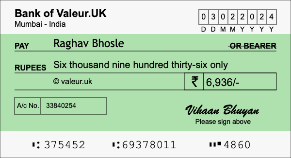 How to write a cheque for 6,936 rupees