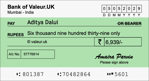 How to write a cheque for 6,939 rupees