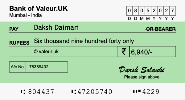 How to write a cheque for 6,940 rupees