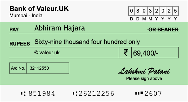 How to write a cheque for 69,400 rupees How to write a cheque for 69,400 rupees