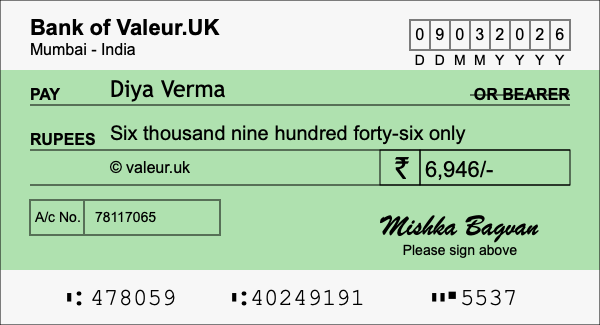 How to write a cheque for 6,946 rupees