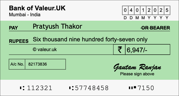 How to write a cheque for 6,947 rupees