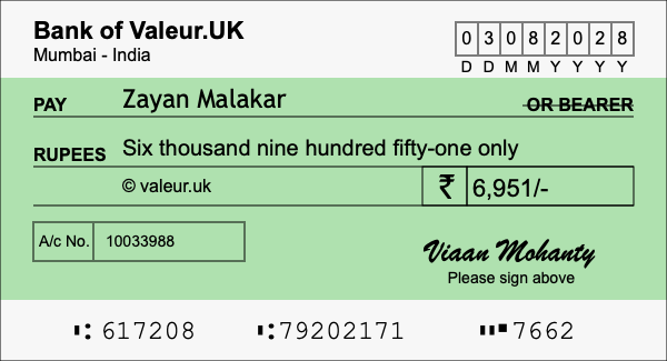 How to write a cheque for 6,951 rupees