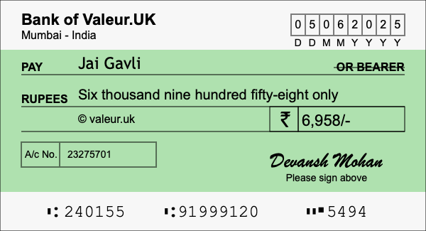 How to write a cheque for 6,958 rupees