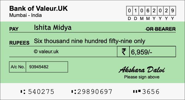 How to write a cheque for 6,959 rupees