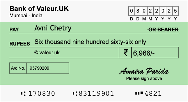 How to write a cheque for 6,966 rupees