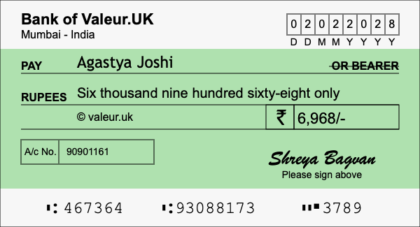 How to write a cheque for 6,968 rupees