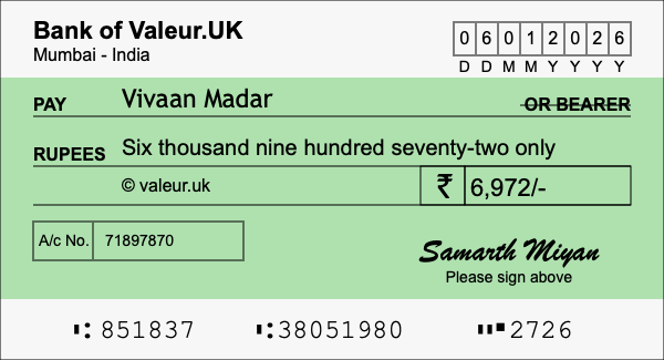 How to write a cheque for 6,972 rupees