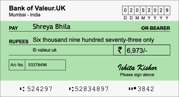 How to write a cheque for 6,973 rupees