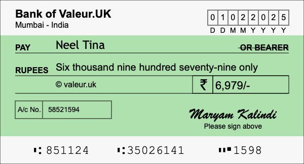 How to write a cheque for 6,979 rupees