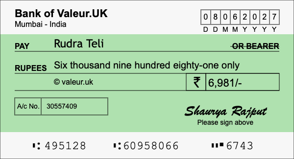 How to write a cheque for 6,981 rupees