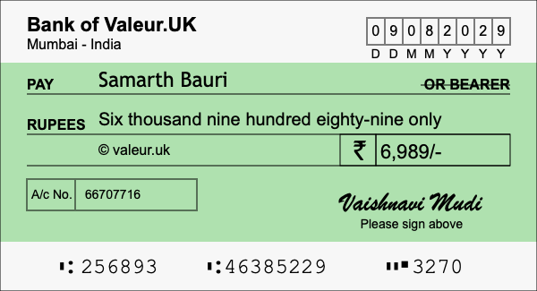How to write a cheque for 6,989 rupees