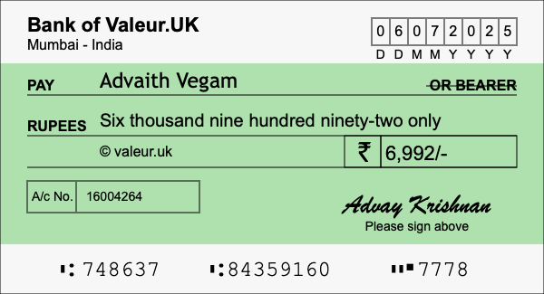 How to write a cheque for 6,992 rupees