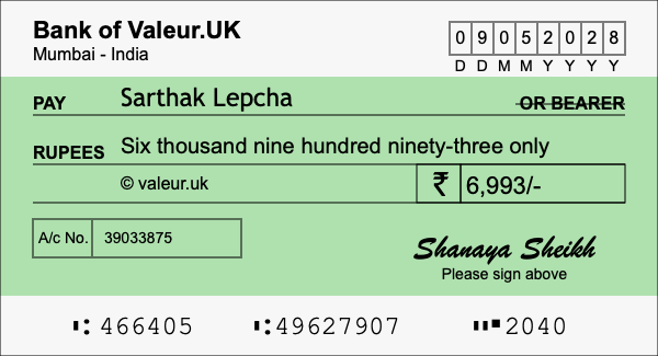 How to write a cheque for 6,993 rupees