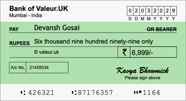 How to write a cheque for 6,999 rupees