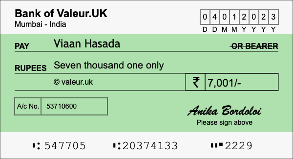 How to write a cheque for 7,001 rupees